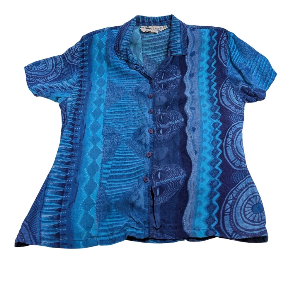 Cotton Zone Womens Abstract Tribal Print Button Up Shirt Size L Blue